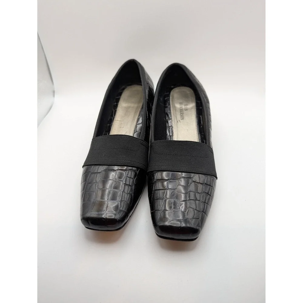 Ros Hommerson Black Croc Embossed Stretch Band Low Heel Pumps Womens 7N Narrow